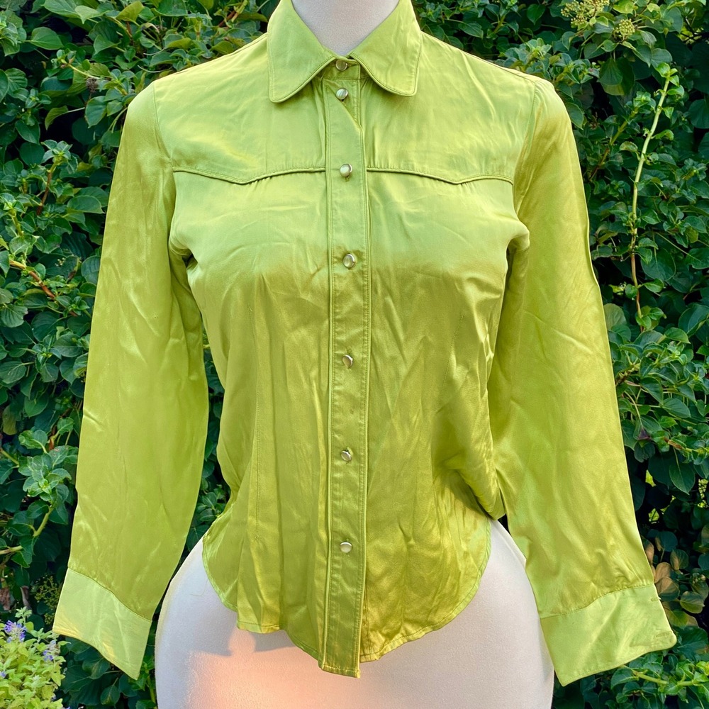 ISHYU Y2K Chartreuse Silk Button Down Western Style Seams Classy Elegant Chic -S